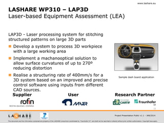 www.lashare.eu

LASHARE WP310 – LAP3D
Laser-based Equipment Assessment (LEA)
LAP3D - Laser processing system for stitching
structured patterns on large 3D parts
 Develop a system to process 3D workpiece
with a large working area

 Implement a machanooptical solution to
allow surface curvatures of up to 270º
reducing distortion
 Realise a structuring rate of 400mm/s for a
3D system based on an improved and precise
control software using inputs from different
CAD sources.
Supplier
User

Sample dash board application

Research Partner

23
Project Presentation Public v1.1 – JAN/2014
This document and the information contained are property of the LASHARE consortium coordinated by Fraunhofer ILT and shall not be reprinted or altered without prior written authorization. Copyright laws apply.

 