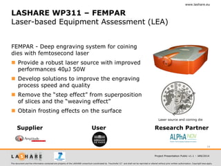 www.lashare.eu

LASHARE WP311 – FEMPAR
Laser-based Equipment Assessment (LEA)
FEMPAR - Deep engraving system for coining
dies with femtosecond laser
 Provide a robust laser source with improved
performances 40µJ 50W

 Develop solutions to improve the engraving
process speed and quality
 Remove the “step effect” from superposition
of slices and the “weaving effect”

 Obtain frosting effects on the surface
Laser source and coining die

Supplier

User

Research Partner

24
Project Presentation Public v1.1 – JAN/2014
This document and the information contained are property of the LASHARE consortium coordinated by Fraunhofer ILT and shall not be reprinted or altered without prior written authorization. Copyright laws apply.

 