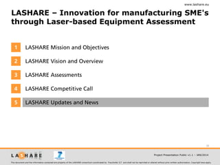 www.lashare.eu

LASHARE – Innovation for manufacturing SME's
through Laser-based Equipment Assessment

1

LASHARE Mission and Objectives

2

LASHARE Vision and Overview

3

LASHARE Assessments

4

LASHARE Competitive Call

5

LASHARE Updates and News

30
Project Presentation Public v1.1 – JAN/2014
This document and the information contained are property of the LASHARE consortium coordinated by Fraunhofer ILT and shall not be reprinted or altered without prior written authorization. Copyright laws apply.

 