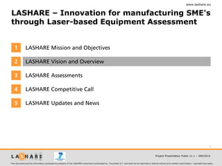 www.lashare.eu

LASHARE – Innovation for manufacturing SME's
through Laser-based Equipment Assessment

1

LASHARE Mission and Objectives

2

LASHARE Vision and Overview

3

LASHARE Assessments

4

LASHARE Competitive Call

5

LASHARE Updates and News

5
Project Presentation Public v1.1 – JAN/2014
This document and the information contained are property of the LASHARE consortium coordinated by Fraunhofer ILT and shall not be reprinted or altered without prior written authorization. Copyright laws apply.

 