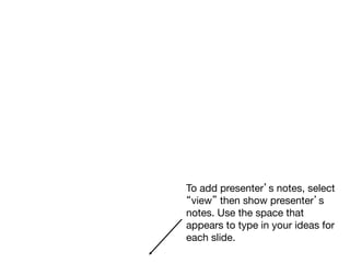 To add presenter’s notes, select
“view” then show presenter’s
notes. Use the space that
appears to type in your ideas for
each slide.
 