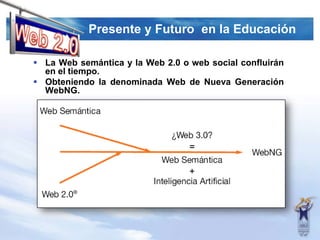 Presente y Futuro en la EducaciónWeb 2.0La Web semántica y la Web 2.0 o web social confluirán en el tiempo.Obteniendo la denominada Web de Nueva Generación WebNG.