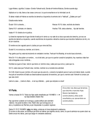 Lugar Makon, significa 3 cosas—Donde Yahweh está, Donde el Hombre Madura, Donde sucede algo.
Aplícalo en tu vida, llama a las cosas como son, lo que te enseñaron en la intimidad con él.
Si abras notado el Hebreo se escribe de derecha a Izquierda al contrario de lo “habitual”, ¿Sabes por que?
Estudia estos textos:
Éxodo 15:6- tu diestra….

Marcos 16:19, Adon, recibido ala diestra

Salmo110: 1- siéntate a mi diestra.

Hechos 7:56, cielos abiertos… hijo del hombre.

Isaías 41:10- diestra de mi justicia.
La derecha representa el lugar donde él está por lo tanto su voz sale de su boca que esta ala derecha, por eso se
escribe de derecha a izquierda, cuando escribimos de izquierda a derecha creemos que nosotros hablamos con él y no
él con nosotros.
El nombre es tan sagrado para lo Judíos por que viene de Dios.
Exodo1: 8, no conocía su nombre, se lo borro…
Hay gente que hoy esta reconociendo el verdadero nombre, Yeshuah Ha Mashiaj, el mundo busca borrarlo…
Mira Gn 11:4, ellos piden un nombre… no el del cielo, por que no querían cumplir el propósito, hoy nuestras vidas han
sido entregadas a eso nombres…
Nombrar es igual a Crear, todo lo que tiene un nombre crea y sabe para que sirve y para que no.
Gn1:3, cada cosa que Yahweh crea, nombra, nombrar es un estado de autoridad.
Gn 3:20- Adam le puso nombre a Eva por que era para él, y conoció el propósito para el cual se la habían dado, cuando
me quito el renombre el Diablo se desencadena buscando el renombre, por que tu nombre solo Yahweh lo conoce por
que eres de él.
Llama tu casa…, Llama tu titulo… si es tuyo llámalo… ¡para que empiece a crear!

VI Parte.
Vamos a Isaías 54:13- Todos tus hijos serán enseñados por YAHWEH;
tus hijos tendrán Shalom Rav
Hay que tener cuidado con la lengua, puede edificar pero también
destruir, me pude levantar o tirar, Rashi dice que la lengua es un
arco y la palabras son flechas ya por disparadas no pueden regresar.

El es cri tor nos dice que tenemos
que deci rle a nues tros hi jos
Bonai c (verdaderos
constructores ), ellos serán
enseñados y se converti rán en
constructores .

Salmo 51:15 O YAHWEH, abre mis labios; entonces mi boca declarará tu alabanza.
En la tora no dice abre, se sustituye por Bitul en hebreo que significa anula, cierra, lo que el salmista nos quiere decir es:
Señor anula mis labios, para que salga mi verdadera alabanza.

 
