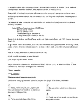 En la palabra cada vez que le cambian el a nombre a alguien es por que anda con un renombre, (Jacob, Abram, etc. ),
Elohim quiere que el contacto sea directo, por el propósito que viene, su misión, (Gn 17:5)
Cuando habla de hombres de renombre se refiere que no aceptan su voluntad y aceptaron el nombre del mundo.
Ha. Satan quería reformar la lengua, pues solo existía una sola, Gn 11:1 y en el verso 4 vemos como ellos piden un
renombre.
Ten cuidado con Babel, Busca ponerte un nuevo nombre para distorsionar lo que significas para Dios, pierdes tú
identidad y tu propósito.
Isaias 43: 1 Pero ahora esto es lo que YAHWEH dice,
El, quien te creó, Ya'akov,
El, quien te formó, Yisra'el:
"No tengas temor, pues te he redimido
te estoy llamando por tu nombre; tú eres mío.
Genesis 41:45, faraón llama José Zafnat-Panea; nombre ante Egipto, no ante Elohim, ante YHWH tenemos otro nombre
(Apoc 2:16)
De igual manera sucede con el nombre Jesús, el mundo lo transliteró o Jehová, pero ante Elohim es Yeshúa y Yahweh,
pes con su familia el nombre verdadero de José fue revelado, si hubiera usado su renombre no hubieran sabido quien
era¡
Jesús- es en griego, transliterado NO traducido (caballo con Alas)
Jehová- traducido es Jehovany: en griego destructor.
¿Pero por qué no puedo llamarlo Jehová?
Aunque le suene raro o machista D-os tiene nombre de hombre (Ex 15:3, 23:21) y en hebreo la letra Heit
valor masculino, mientras que la letra a se utiliza al femenino.

tiene

Yahweh masculino
Jehova femenino
Estarías cambiando la esencia de su nombre
Aprende estas letras y algunos de sus significados, según la letra que poseas así será tu personalidad:

Yo soy, Hombre completo, único, lo ponen para
iniciar nuevas cosas, tener cuidado en no esperar que
otros hagan, él debe ser el líder.

Puertas, a través de él pasan bendiciones.

Ojo, una ventana suele tener revelaciones de
ángeles.

Espada, una persona armada, con autoridad para
botar puertas satánicas.

 