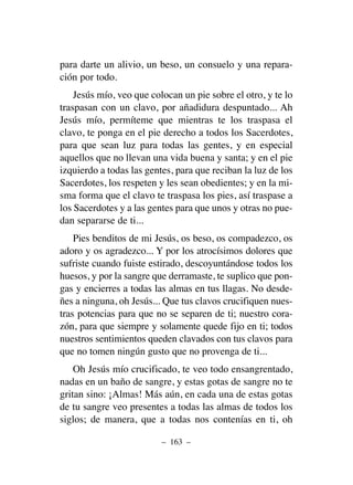para darte un alivio, un beso, un consuelo y una repara-
ción por todo.
Jesús mío, veo que colocan un pie sobre el otro, y te lo
traspasan con un clavo, por añadidura despuntado... Ah
Jesús mío, permíteme que mientras te los traspasa el
clavo, te ponga en el pie derecho a todos los Sacerdotes,
para que sean luz para todas las gentes, y en especial
aquellos que no llevan una vida buena y santa; y en el pie
izquierdo a todas las gentes, para que reciban la luz de los
Sacerdotes, los respeten y les sean obedientes; y en la mi-
sma forma que el clavo te traspasa los pies, así traspase a
los Sacerdotes y a las gentes para que unos y otras no pue-
dan separarse de ti...
Pies benditos de mi Jesús, os beso, os compadezco, os
adoro y os agradezco... Y por los atrocísimos dolores que
sufriste cuando fuiste estirado, descoyuntándose todos los
huesos, y por la sangre que derramaste, te suplico que pon-
gas y encierres a todas las almas en tus llagas. No desde-
ñes a ninguna, oh Jesús... Que tus clavos crucifiquen nues-
tras potencias para que no se separen de ti; nuestro cora-
zón, para que siempre y solamente quede fijo en ti; todos
nuestros sentimientos queden clavados con tus clavos para
que no tomen ningún gusto que no provenga de ti...
Oh Jesús mío crucificado, te veo todo ensangrentado,
nadas en un baño de sangre, y estas gotas de sangre no te
gritan sino: ¡Almas! Más aún, en cada una de estas gotas
de tu sangre veo presentes a todas las almas de todos los
siglos; de manera, que a todas nos contenías en ti, oh
– 163 –
 