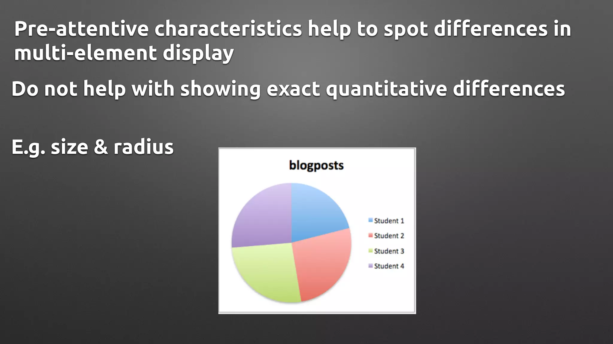 Do not help with showing exact quantitative differences
Pre-attentive characteristics help to spot differences in
multi-element display
E.g. size & radius
 