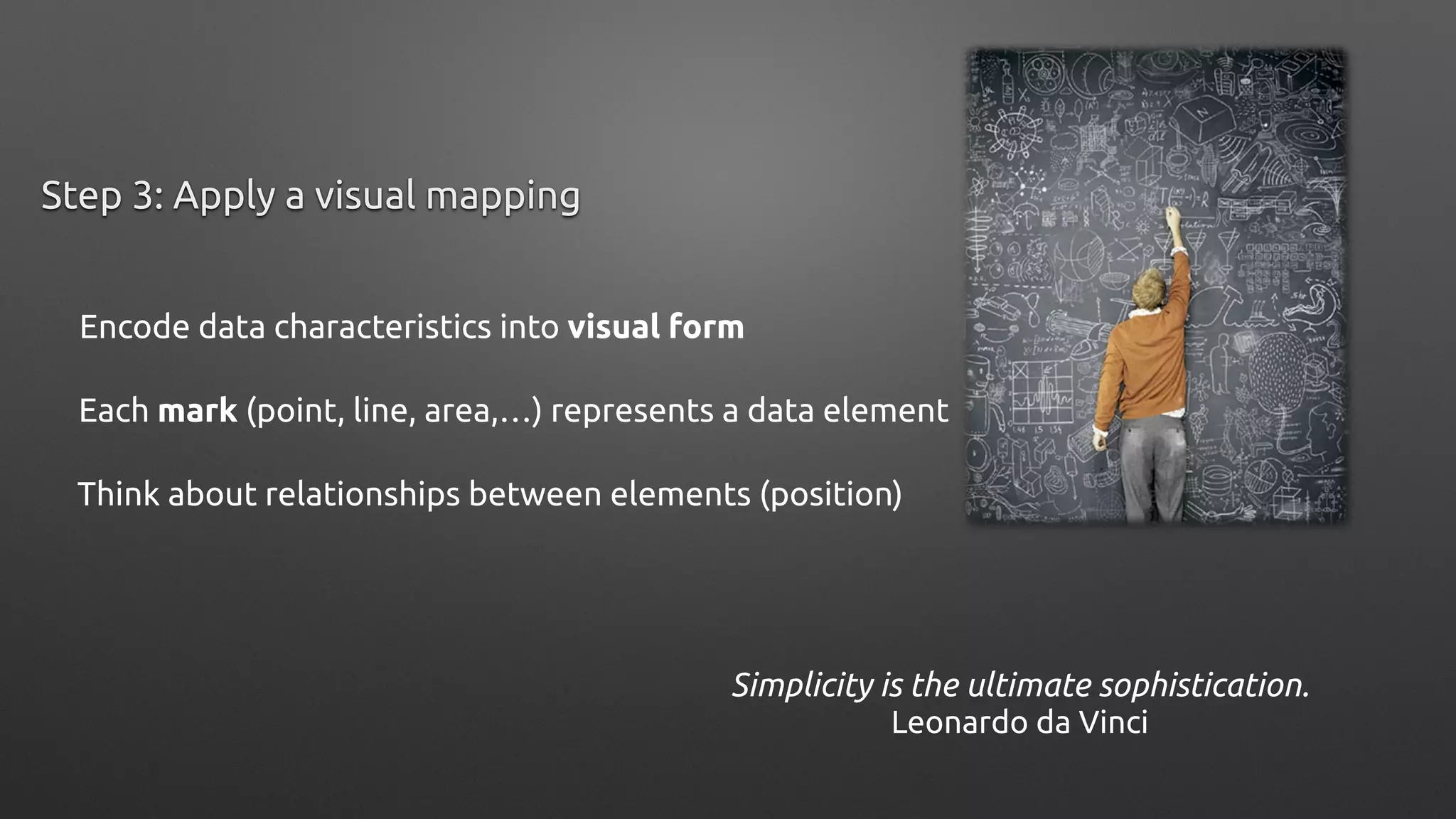 Encode data characteristics into visual form
Step 3: Apply a visual mapping
Simplicity is the ultimate sophistication.
Leonardo da Vinci
Each mark (point, line, area,…) represents a data element
Think about relationships between elements (position)
 
