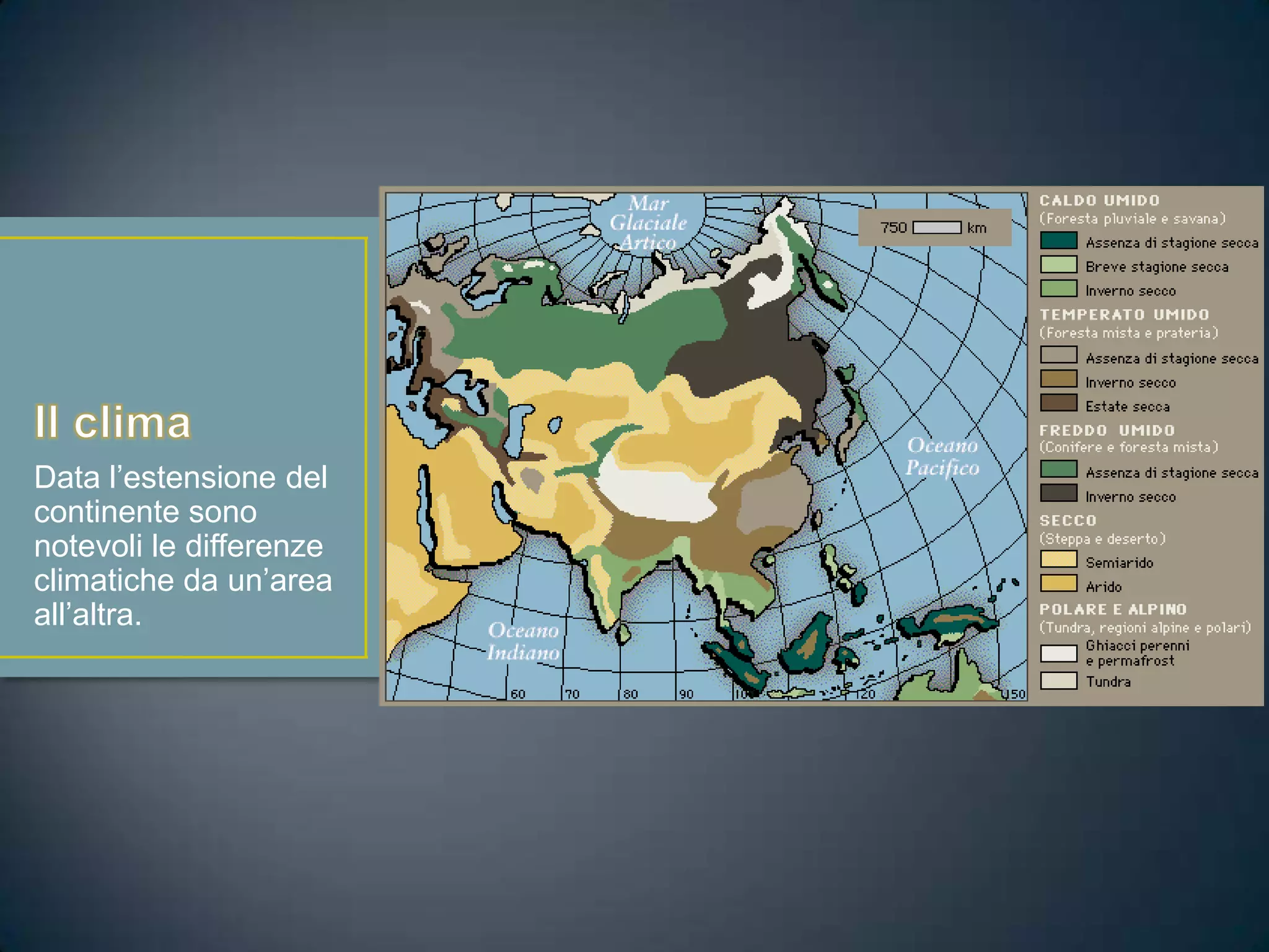 Data l’estensione del
continente sono
notevoli le differenze
climatiche da un’area
all’altra.
 