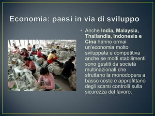 • Anche India, Malaysia,
  Thailandia, Indonesia e
  Cina hanno ormai
  un’economia molto
  sviluppata e competitiva
  anche se molti stabilimenti
  sono gestiti da società
  multinazionali che
  sfruttano la monodopera a
  basso costo e approfittano
  degli scarsi controlli sulla
  sicurezza del lavoro.
 