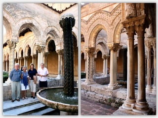 Le cloître
L’ensemble cathédrale a été bâti –
prenant modèle sur le monastère
du Mont-Cassin - avec un cloître
comportant 228 colonnettes,
toutes décorées de motifs
différents s’inspirant de l’art
islamique
Plan carré de 47 m de côté avec 26
arcades ogivales
(les 2 personnages de la photo ne sont pas
d’époque et encore moins des moniales…)
 
