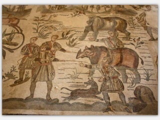 La villa – construite à la fin de l’ère
romaine, début du Ve siècle - offre le plus
varié et le plus merveilleux pavement en
mosaïque du monde antique :
63 salles, 42 pavements couvrant une
superficie de 4 100 m2
Un glissement de terrain en 1161 l’a
ensevelie, la préservant du temps et de la
bêtise des hommes
 