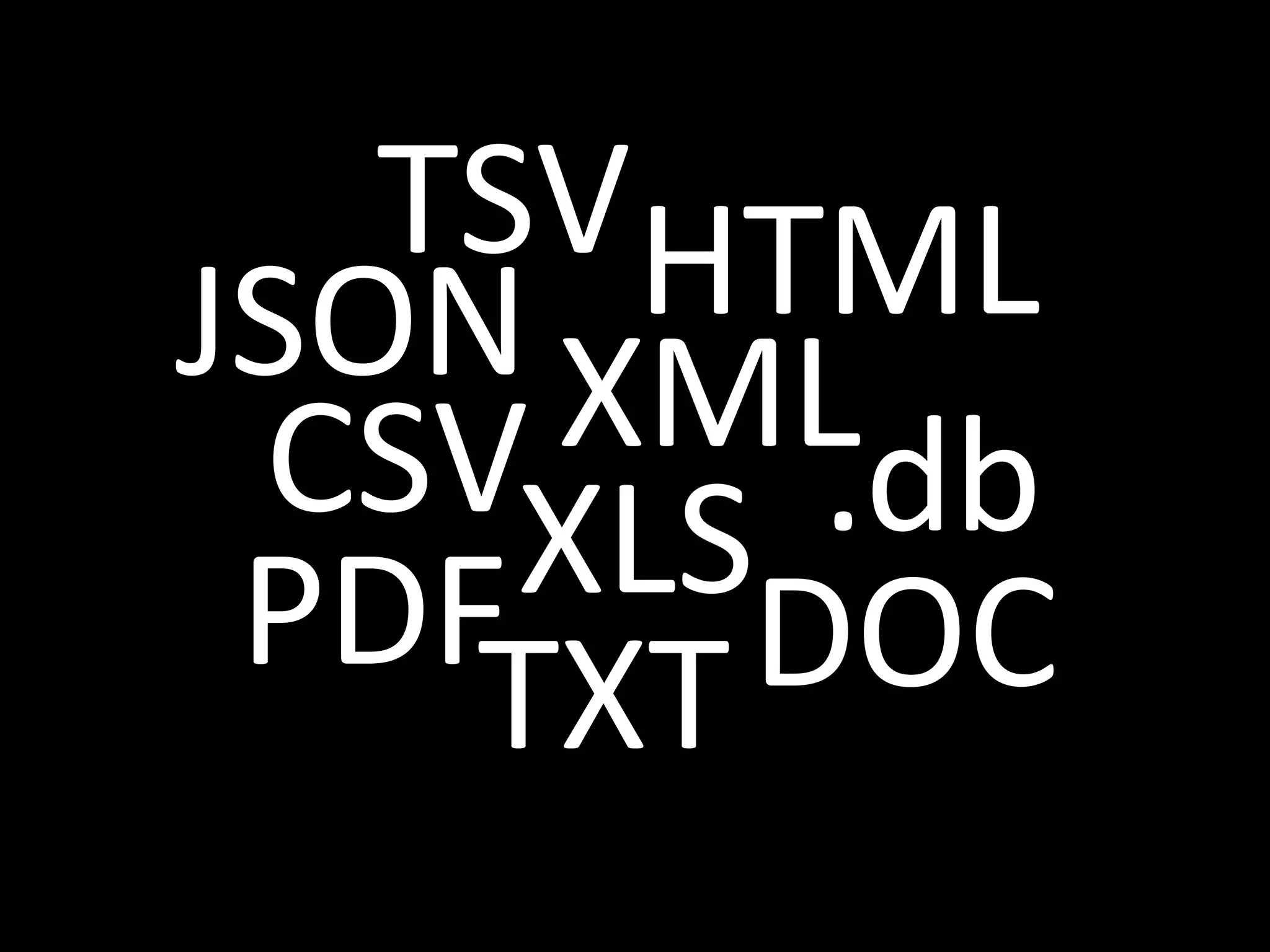 JSON XMLCSVXLS
TSV
.db
HTML
PDF DOCTXT
 