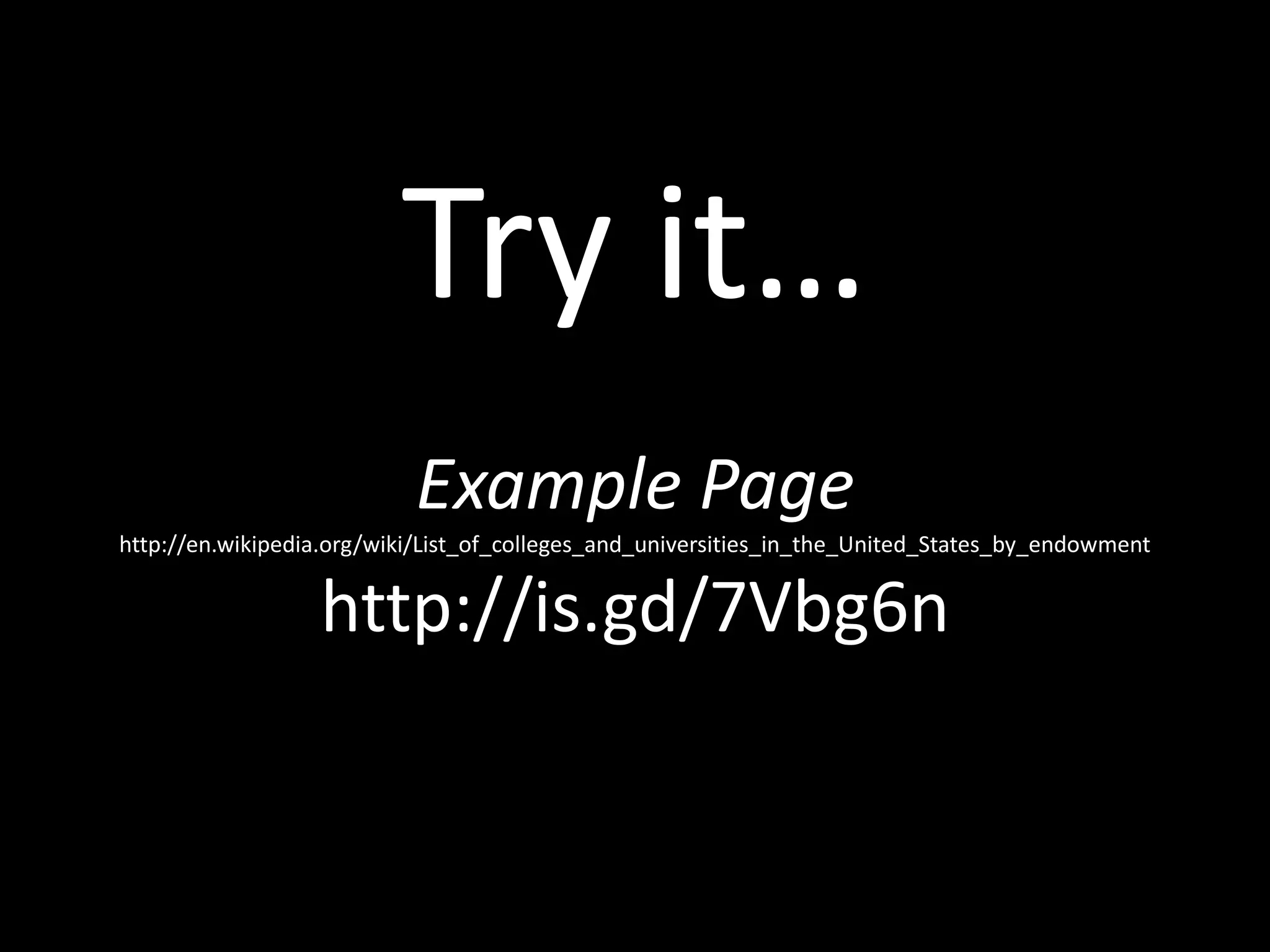 Try it…
Example Page
http://en.wikipedia.org/wiki/List_of_colleges_and_universities_in_the_United_States_by_endowment
http://is.gd/7Vbg6n
 