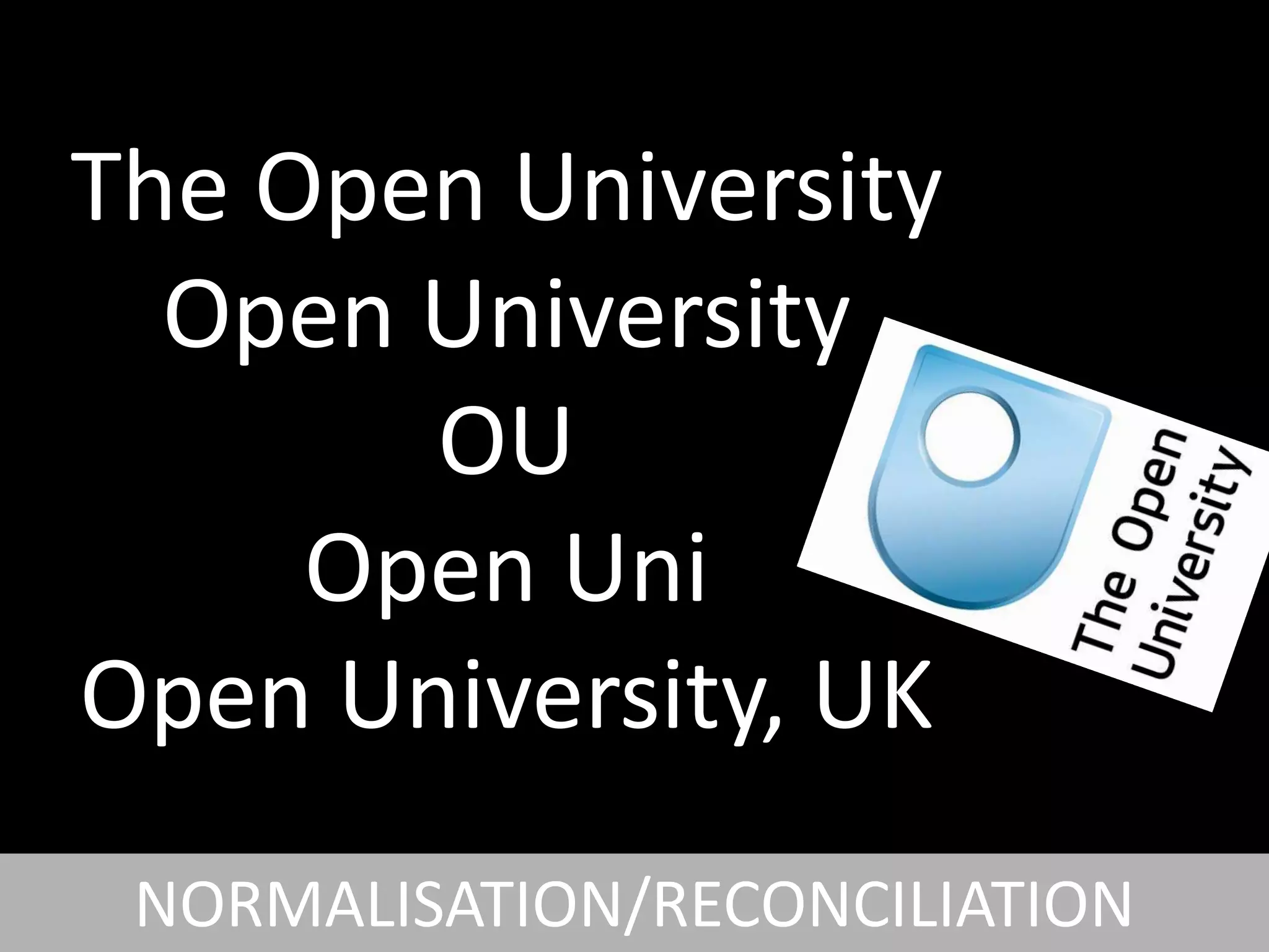 The Open University
Open University
OU
Open Uni
Open University, UK
NORMALISATION/RECONCILIATION
 