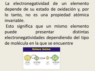 La electronegatividad de un elemento
depende de su estado de oxidación y, por
lo tanto, no es una propiedad atómica
invariable.
Esto significa que un mismo elemento
puede presentar distintas
electronegatividades dependiendo del tipo
de molécula en la que se encuentre
 