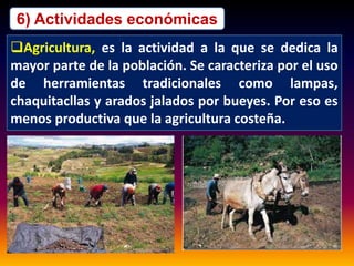 6) Actividades económicas 
Agricultura, es la actividad a la que se dedica la 
mayor parte de la población. Se caracteriza por el uso 
de herramientas tradicionales como lampas, 
chaquitacllas y arados jalados por bueyes. Por eso es 
menos productiva que la agricultura costeña. 
 