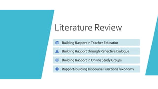 Literature Review
Building Rapport inTeacher Education
Building Rapport through Reflective Dialogue
Building Rapport in Online Study Groups
Rapport-building Discourse FunctionsTaxonomy
 