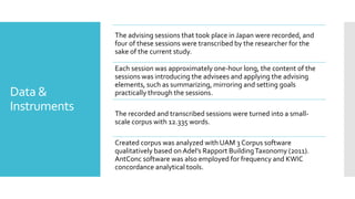 Data &
Instruments
The advising sessions that took place in Japan were recorded, and
four of these sessions were transcribed by the researcher for the
sake of the current study.
Each session was approximately one-hour long, the content of the
sessions was introducing the advisees and applying the advising
elements, such as summarizing, mirroring and setting goals
practically through the sessions.
The recorded and transcribed sessions were turned into a small-
scale corpus with 12.335 words.
Created corpus was analyzed with UAM 3 Corpus software
qualitatively based on Adel’s Rapport BuildingTaxonomy (2011).
AntConc software was also employed for frequency and KWIC
concordance analytical tools.
 