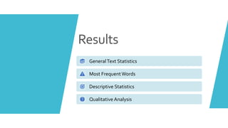 Results
GeneralText Statistics
Most FrequentWords
Descriptive Statistics
Qualitative Analysis
 