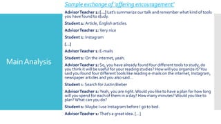 MainAnalysis
Sample exchange of ‘offering encouragement’
AdvisorTeacher 1: […] Let’s summarize our talk and remember what kind of tools
you have found to study.
Student 1: Article, English articles.
AdvisorTeacher 1: Very nice
Student 1: Instagram
[…]
AdvisorTeacher 1: E-mails
Student 1: On the internet, yeah.
AdvisorTeacher 1: So, you have already found four different tools to study, do
you think it will be useful for your reading studies? How will you organize it?You
said you found four different tools like reading e-mails on the internet, Instagram,
newspaper articles and you also said…
Student 1: Search for Justin Bieber
AdvisorTeacher 1: Yeah, you are right.Would you like to have a plan for how long
will you spend for each of them in a day? How many minutes? Would you like to
plan?What can you do?
Student 1: Maybe I use Instagram before I go to bed.
AdvisorTeacher 1: That’s a great idea. […]
 