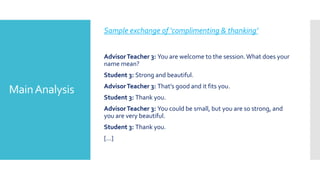 MainAnalysis
Sample exchange of ‘complimenting & thanking’
AdvisorTeacher 3: You are welcome to the session.What does your
name mean?
Student 3: Strong and beautiful.
AdvisorTeacher 3: That’s good and it fits you.
Student 3: Thank you.
AdvisorTeacher 3: You could be small, but you are so strong, and
you are very beautiful.
Student 3: Thank you.
[…]
 