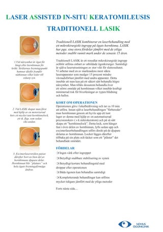 LASER ASSISTED IN-SITU KERATOMILEUSIS
                                  TRADITIONELL LASIK
                                       Traditionell LASIK kombinerar en laserbehandling med
                                       ett mikrokirurgiskt ingrepp på ögats hornhinna. LASIK
                                       har pga. sina stora fördelar jämfört med de ytliga
                                       metoder snabbt vunnit mark under de senaste 15 åren.

    1.Vid närsynthet är ögat för       Traditionell LASIK är ett renodlat mikrokirurgiskt ingrepp
     långt eller hornhinnan för        ochbör utföras enbart av utbildade ögonkirurger. Samtidigt
  krökt. Strålarnas brytningspunkt     är själva laserutrustningen av stor vikt för slutresultatet.
       hamnar därför framför           Vi arbetar med en av marknadens mest säkra
      näthinnan vilket leder till      laserapparater som medger 15 procent mindre
             oskarp syn.               vävnadsförlust jämfört med andra apparater. Detta
                                       innebär att man kan på ett säkert sätt behandla högre
                                       närsynthet. Man tillåts dessutom behandla över
                                       ett större område på hornhinnan vilket innebär kraftigt
                                       minimerad risk för biverkningar av typen blädning
                                       och hallos.

                                       KORT OM OPERATIONEN
                                       Operationen görs i lokalbedövning och tar ca 10 min
   2. Vid LASIK skapar man först       att utföra. Innan själva laserbehandlingen ”förbereder”
    med hjälp av en motoriserad        man hornhinnan genom att hyvla upp ett tunt
 kniv ett mycket tunt hornhinnelock,   lager av denna med hjälp av en automatiserad
        ett sk. flap, som sedan
                                       precisionskniv ( s k mikrokeratom) och på så sätt
              viks undan.
                                       skapa ett ”hornhinnelock”. Detta lock, som hänger
                                       fast i övre delen av hornhinnan, lyfts sedan upp och
                                       excimerlaserbehandlingen utförs direkt på de djupare
                                       delarna av hornhinnan. Locket lägges därefter
                                       tillbaka på sin plats och täcker som ett ”plåster” det
                                       behandlade området.

                                       FÖRDELAR
   3. Excimerlaserstrålen putsar       ❍ Ingen värk efter ingreppet
    därefter bort en liten del av      ❍ Betydligt snabbare stabilisering av synen
    hornhinnans djupare delar.
  Hornhinnan blir ”plattare” och       ❍ Betydligt kortare behandlingstid med
   hela ögats brytningsförmåga         droppar efter operationen
              ändras.
                                       ❍ Båda ögonen kan behandlas samtidigt
                                       ❍ Kompletterande behandlingar kan utföras
                                       mycket tidigare jämfört med de ytliga metoder

                                       Forts nästa sida....
 