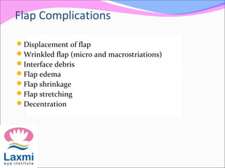 Flap Complications
Displacement of flap
Wrinkled flap (micro and macrostriations)
Interface debris
Flap edema
Flap shrinkage
Flap stretching
Decentration
 