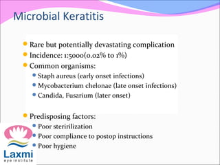 Microbial Keratitis
Rare but potentially devastating complication
Incidence: 1:5000(0.02% to 1%)
Common organisms:
Staph aureus (early onset infections)
Mycobacterium chelonae (late onset infections)
Candida, Fusarium (later onset)
Predisposing factors:
Poor steririlization
Poor compliance to postop instructions
Poor hygiene
 
