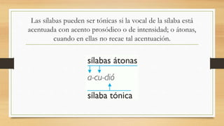 Las sílabas pueden ser tónicas si la vocal de la sílaba está
acentuada con acento prosódico o de intensidad; o átonas,
cuando en ellas no recae tal acentuación.
 