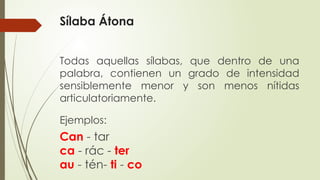 Sílaba Átona
Todas aquellas sílabas, que dentro de una
palabra, contienen un grado de intensidad
sensiblemente menor y son menos nítidas
articulatoriamente.
Ejemplos:
Can - tar
ca - rác - ter
au - tén- ti - co
 