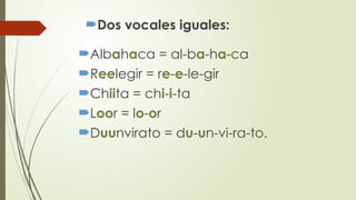 Albahaca = al-ba-ha-ca
Reelegir = re-e-le-gir
Chiita = chi-i-ta
Loor = lo-or
Duunvirato = du-un-vi-ra-to.
Dos vocales iguales:
 