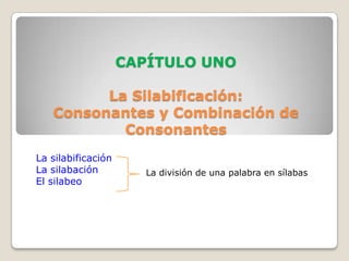 CAPÍTULO UNOLa Silabificación: Consonantes y Combinación de Consonantes La silabificación La silabación El silabeo La división de una palabra en sílabas 