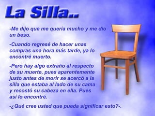 -Me dijo que me quería mucho y me dio un beso. -Cuando regresé de hacer unas compras una hora más tarde, ya lo encontré muerto. -Pero hay algo extraño al respecto de su muerte, pues aparentemente justo antes de morir se acercó a la silla que estaba al lado de su cama y recostó su cabeza en ella. Pues así lo encontré. -¿Qué cree usted que pueda significar esto?-. 