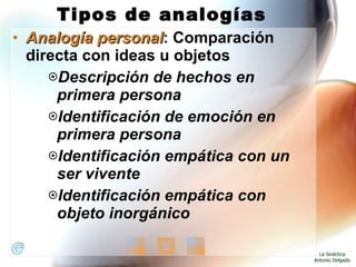 Tipos de analogías Analogía personal :  Comparación directa con ideas u objetos Descripción de hechos en primera persona Identificación de emoción en primera persona Identificación empática con un ser vivente Identificación empática con objeto inorgánico 