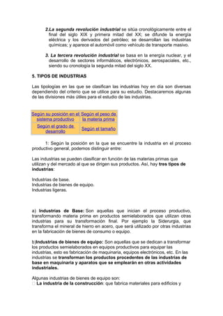 2.La segunda revolución industrial se sitúa cronológicamente entre el
final del siglo XIX y primera mitad del XX; se difunde la energía
eléctrica y los derivados del petróleo; se desarrollan las industrias
químicas; y aparece el automóvil como vehículo de transporte masivo.
3. La tercera revolución industrial se basa en la energía nuclear, y el
desarrollo de sectores informáticos, electrónicos, aerospaciales, etc.,
siendo su cronología la segunda mitad del siglo XX.
5. TIPOS DE INDUSTRIAS
Las tipologías en las que se clasifican las industrias hoy en día son diversas
dependiendo del criterio que se utilice para su estudio. Destacaremos algunas
de las divisiones más útiles para el estudio de las industrias.
Según su posición en el
sistema productivo
Según el peso de
la materia prima
Según el grado de
desarrollo
Según el tamaño
1: Según la posición en la que se encuentre la industria en el proceso
productivo general, podemos distinguir entre:
Las industrias se pueden clasificar en función de las materias primas que
utilizan y del mercado al que se dirigen sus productos. Así, hay tres tipos de
industrias:
Industrias de base.
Industrias de bienes de equipo.
Industrias ligeras.
a) Industrias de Base: Son aquellas que inician el proceso productivo,
transformando materia prima en productos semielaborados que utilizan otras
industrias para su transformación final. Por ejemplo la Siderurgia, que
transforma el mineral de hierro en acero, que será utilizado por otras industrias
en la fabricación de bienes de consumo o equipo.
b)Industrias de bienes de equipo: Son aquellas que se dedican a transformar
los productos semielaborados en equipos productivos para equipar las
industrias, esto es fabricación de maquinaria, equipos electrónicos, etc. En las
industrias se transforman los productos procedentes de las industrias de
base en maquinaria y aparatos que se emplearán en otras actividades
industriales.
Algunas industrias de bienes de equipo son:
 La industria de la construcción: que fabrica materiales para edificios y
 