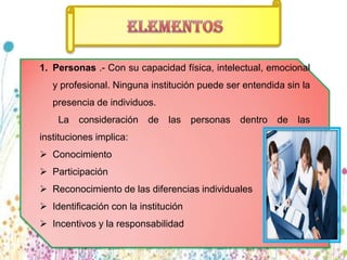 1. Personas .- Con su capacidad física, intelectual, emocional
   y profesional. Ninguna institución puede ser entendida sin la
   presencia de individuos.
    La   consideración    de   las    personas   dentro   de   las
instituciones implica:
 Conocimiento
 Participación
 Reconocimiento de las diferencias individuales
 Identificación con la institución
 Incentivos y la responsabilidad
 