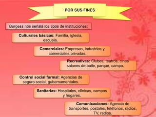 POR SUS FINES



Burgess nos señala los tipos de instituciones:

     Culturales básicas: Familia, iglesia,
                  escuela.

                 Comerciales: Empresas, industrias y
                    comerciales privadas.
                                 Recreativas: Clubes, teatros, cines
                                 salones de baile, parque, campo.

     Control social formal: Agencias de
      seguro social, gubernamentales.

                Sanitarias: Hospitales, clínicas, campos
                              y hogares.

                                      Comunicaciones: Agencia de
                                  transportes, postales, teléfonos, radios,
                                                TV, radios.
 
