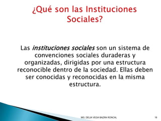 Las instituciones sociales son un sistema de
convenciones sociales duraderas y
organizadas, dirigidas por una estructura
reconocible dentro de la sociedad. Ellas deben
ser conocidas y reconocidas en la misma
estructura.
18MG. DELIA VEGA BAZÁN RONCAL
 