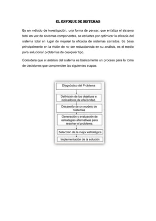 EL ENFOQUE DE SISTEMAS

Es un método de investigación, una forma de pensar, que enfatiza el sistema
total en vez de sistemas componentes, se esfuerza por optimizar la eficacia del
sistema total en lugar de mejorar la eficacia de sistemas cerrados. Se basa
principalmente en la visión de no ser reduccionista en su análisis, es el medio
para solucionar problemas de cualquier tipo.

Considera que el análisis del sistema es básicamente un proceso para la toma
de decisiones que comprenden las siguientes etapas:
 