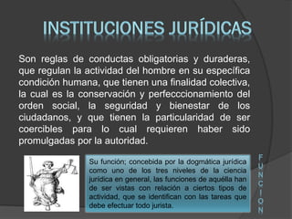 Son reglas de conductas obligatorias y duraderas,
que regulan la actividad del hombre en su específica
condición humana, que tienen una finalidad colectiva,
la cual es la conservación y perfecccionamiento del
orden social, la seguridad y bienestar de los
ciudadanos, y que tienen la particularidad de ser
coercibles para lo cual requieren haber sido
promulgadas por la autoridad.
Su función; concebida por la dogmática jurídica
como uno de los tres niveles de la ciencia
jurídica en general, las funciones de aquélla han
de ser vistas con relación a ciertos tipos de
actividad, que se identifican con las tareas que
debe efectuar todo jurista.
F
U
N
C
I
O
N
 