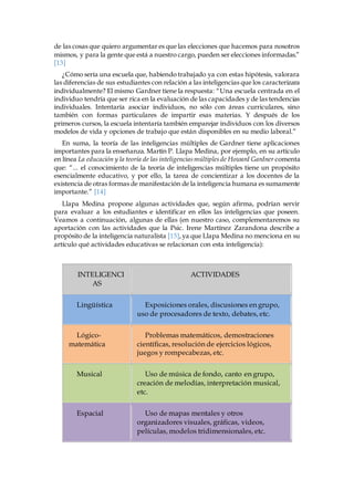 de las cosas que quiero argumentar es que las elecciones que hacemos para nosotros 
mismos, y para la gente que está a nuestro cargo, pueden ser elecciones informadas.” 
[13] 
¿Cómo sería una escuela que, habiendo trabajado ya con estas hipótesis, valorara 
las diferencias de sus estudiantes con relación a las inteligencias que los caracterizara 
individualmente? El mismo Gardner tiene la respuesta: “Una escuela centrada en el 
individuo tendría que ser rica en la evaluación de las capacidades y de las tendencias 
individuales. Intentaría asociar individuos, no sólo con áreas curriculares, sino 
también con formas particulares de impartir esas materias. Y después de los 
primeros cursos, la escuela intentaría también emparejar individuos con los diversos 
modelos de vida y opciones de trabajo que están disponibles en su medio laboral.” 
En suma, la teoría de las inteligencias múltiples de Gardner tiene aplicaciones 
importantes para la enseñanza. Martín P. Llapa Medina, por ejemplo, en su artículo 
en línea La educación y la teoría de las inteligencias múltiples de Howard Gardner comenta 
que: “... el conocimiento de la teoría de inteligencias múltiples tiene un propósito 
esencialmente educativo, y por ello, la tarea de concientizar a los docentes de la 
existencia de otras formas de manifestación de la inteligencia humana es sumamente 
importante.” [14] 
Llapa Medina propone algunas actividades que, según afirma, podrían servir 
para evaluar a los estudiantes e identificar en ellos las inteligencias que poseen. 
Veamos a continuación, algunas de ellas (en nuestro caso, complementaremos su 
aportación con las actividades que la Psic. Irene Martínez Zarandona describe a 
propósito de la inteligencia naturalista [15], ya que Llapa Medina no menciona en su 
artículo qué actividades educativas se relacionan con esta inteligencia): 
INTELIGENCI 
AS 
ACTIVIDADES 
Lingüística Exposiciones orales, discusiones en grupo, 
uso de procesadores de texto, debates, etc. 
Lógico-matemática 
Problemas matemáticos, demostraciones 
científicas, resolución de ejercicios lógicos, 
juegos y rompecabezas, etc. 
Musical Uso de música de fondo, canto en grupo, 
creación de melodías, interpretación musical, 
etc. 
Espacial Uso de mapas mentales y otros 
organizadores visuales, gráficas, videos, 
películas, modelos tridimensionales, etc. 
 