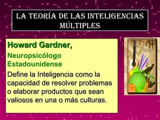 La Teoría de Las InTeLIgencIas
            MúLTIpLes

Howard Gardner,
Neuropsicólogo
Estadounidense
Define la Inteligencia como la
capacidad de resolver problemas
o elaborar productos que sean
valiosos en una o más culturas.
 