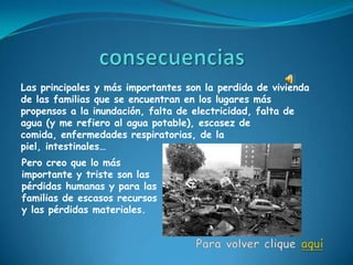 Las principales y más importantes son la perdida de vivienda
de las familias que se encuentran en los lugares más
propensos a la inundación, falta de electricidad, falta de
agua (y me refiero al agua potable), escasez de
comida, enfermedades respiratorias, de la
piel, intestinales…
Pero creo que lo más
importante y triste son las
pérdidas humanas y para las
familias de escasos recursos
y las pérdidas materiales.
 