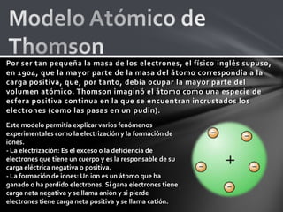 Por ser tan pequeña la masa de los electrones, el físico inglés supuso,
en 1904, que la mayor parte de la masa del átomo c...