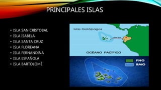 PRINCIPALES ISLAS
• ISLA SAN CRISTOBAL
• ISLA ISABELA
• ISLA SANTA CRUZ
• ISLA FLOREANA
• ISLA FERNANDINA
• ISLA ESPAÑOLA
• ISLA BARTOLOMÈ
 