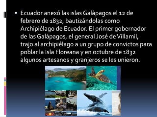  Ecuador anexó las islas Galápagos el 12 de
febrero de 1832, bautizándolas como
Archipiélago de Ecuador. El primer gobernador
de las Galápagos, el general José deVillamil,
trajo al archipiélago a un grupo de convictos para
poblar la Isla Floreana y en octubre de 1832
algunos artesanos y granjeros se les unieron.
 