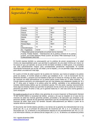 España                 14                 18/21                18
           Francia                13                 18                   18
           Grecia                 13                 18/21                18
           Holanda                14                 18                   18
           Irlanda                7/15*              18                   18
           Italia                 14                 18/21                18
           Noruega                15                 18                   18
           Países Bajos           12                 18/21                18
           Ex                   -
                                  15                 18                   18
           Checoslovaquia
           Ex - Yugoslavia        14/16*             18/21                18
           * Mayoridad penal concerniente a la prisión de los menores
           Fuente: Frieder Dünkel, “ Orientaciones de la política criminal en la justicia
           juvenil”, en el libro Derecho Penal Juvenil, de Carlos Tiffer Sotomayor et alii,
           ILANUD/DAAD 2002:502

El Comité expresa también su preocupación por la práctica de prever excepciones a la edad
mínima de responsabilidad penal, que permiten la aplicación de una edad mínima aún menor en
los casos en que, por ejemplo, se acusa al niño de haber cometido un delito grave, o se considera
que está suficientemente maduro para considerársele penalmente responsable. El Comité
recomienda firmemente que se fije una edad y se la respete, y no se permitan luego excepciones
para utilizar una edad aún más baja.

En cuanto al límite de edad superior de la justicia de menores, que marca el pasaje a la justicia
penal de adultos, el Comité adopta el criterio que establece el art. 1 de la Convención de los
Derechos del Niño, y propone que los Estados lo fijen por lo menos en 18 años; es decir, que los y
las menores de edad permanezcan en la justicia penal juvenil hasta los 17 años inclusive. El
Comité observa asimismo con preocupación que aún hay estados que establecen edades de 16 y
de 17 años para el ingreso a la justicia penal de adultos, aplicables a los adolescentes que
cometen determinados delitos que se consideran graves. Por otra parte, expresa reconocimiento
hacia algunos Estados Partes que permiten la aplicación de las normas de la justicia de menores a
personas que tienen 18 años o más, por lo general hasta los 21, bien sea como norma general o
como excepción.

En cuanto al punto d) que se refiere a las garantías de un juicio imparcial, la Observación General
10 del Comité reitera la necesidad del debido proceso y de que se respeten en el caso de los
menores de edad las mismas garantías penales, procesales y de ejecución que amparan a las
personas adultas, además de las garantías específicas que les corresponden por su condición de
menores de edad. Este punto fue también resuelto adecuadamente por México a partir de la
reciente reforma constitucional.

El documento del Comité destina párrafos a los temas de la garantía de irretroactividad de la ley
penal (art. 40, 2, a), al principio de presunción de inocencia (art. 40, 2, b, i), al derecho a ser
escuchado (art. 12), al derecho a una participación efectiva en los procedimientos (art. 40, 2, b, iv),
a la información directa y sin demora de los cargos (40, 2, b, ii), al derecho a la asistencia jurídica

                                                                                                     5
Vol. I agosto-diciembre 2008
www.somecrimnl.es.tl
 