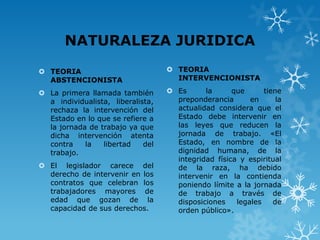 NATURALEZA JURIDICA

 TEORIA                            TEORIA
  ABSTENCIONISTA                     INTERVENCIONISTA

 La primera llamada también        Es      la      que      tiene
  a individualista, liberalista,     preponderancia       en      la
  rechaza la intervención del        actualidad considera que el
  Estado en lo que se refiere a      Estado debe intervenir en
  la jornada de trabajo ya que       las leyes que reducen la
  dicha intervención atenta          jornada de trabajo. «El
  contra    la   libertad    del     Estado, en nombre de la
  trabajo.                           dignidad humana, de la
                                     integridad física y espiritual
 El legislador carece del           de la raza, ha debido
  derecho de intervenir en los       intervenir en la contienda
  contratos que celebran los         poniendo límite a la jornada
  trabajadores mayores de            de trabajo a través de
  edad que gozan de la               disposiciones    legales    de
  capacidad de sus derechos.         orden público».
 