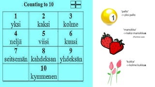 ’pallo’ 
-> yksi pallo 
’mansikka’ 
-> kaksi mansikkaa 
(Partitive case) 
’kukka’ 
-> kolme kukkaa 
 