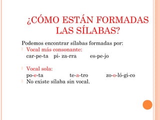 ¿CÓMO ESTÁN FORMADAS
LAS SÍLABAS?
Podemos encontrar sílabas formadas por:
 Vocal más consonante:
car-pe-ta pi- za-rra es-pe-jo
 Vocal sola:
po-e-ta te-a-tro zo-o-ló-gi-co
 No existe sílaba sin vocal.
 